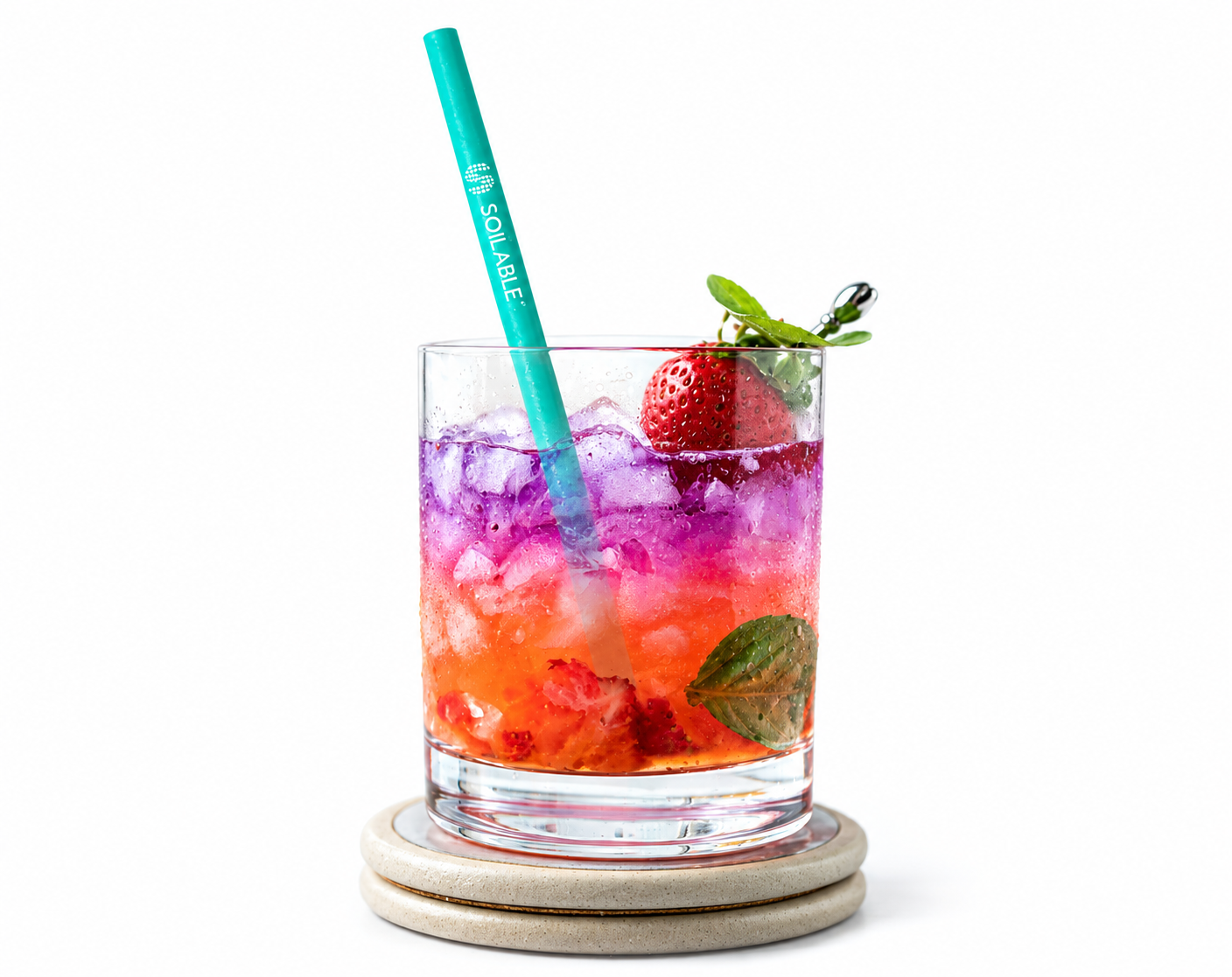 Soilable® turquoise straw in a colourful fruit drink